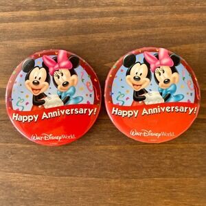 Lot Of 2 Walt Disney World Happy Anniversary Mickey Minnie Pinback Buttons